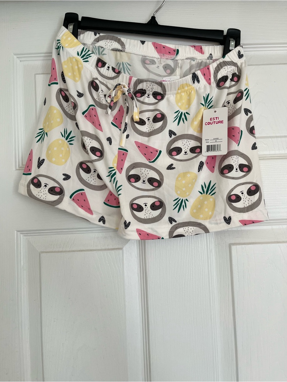 Women’s White Sloth & Fruit Printed Pajama Shorts - Picture 2 of 10